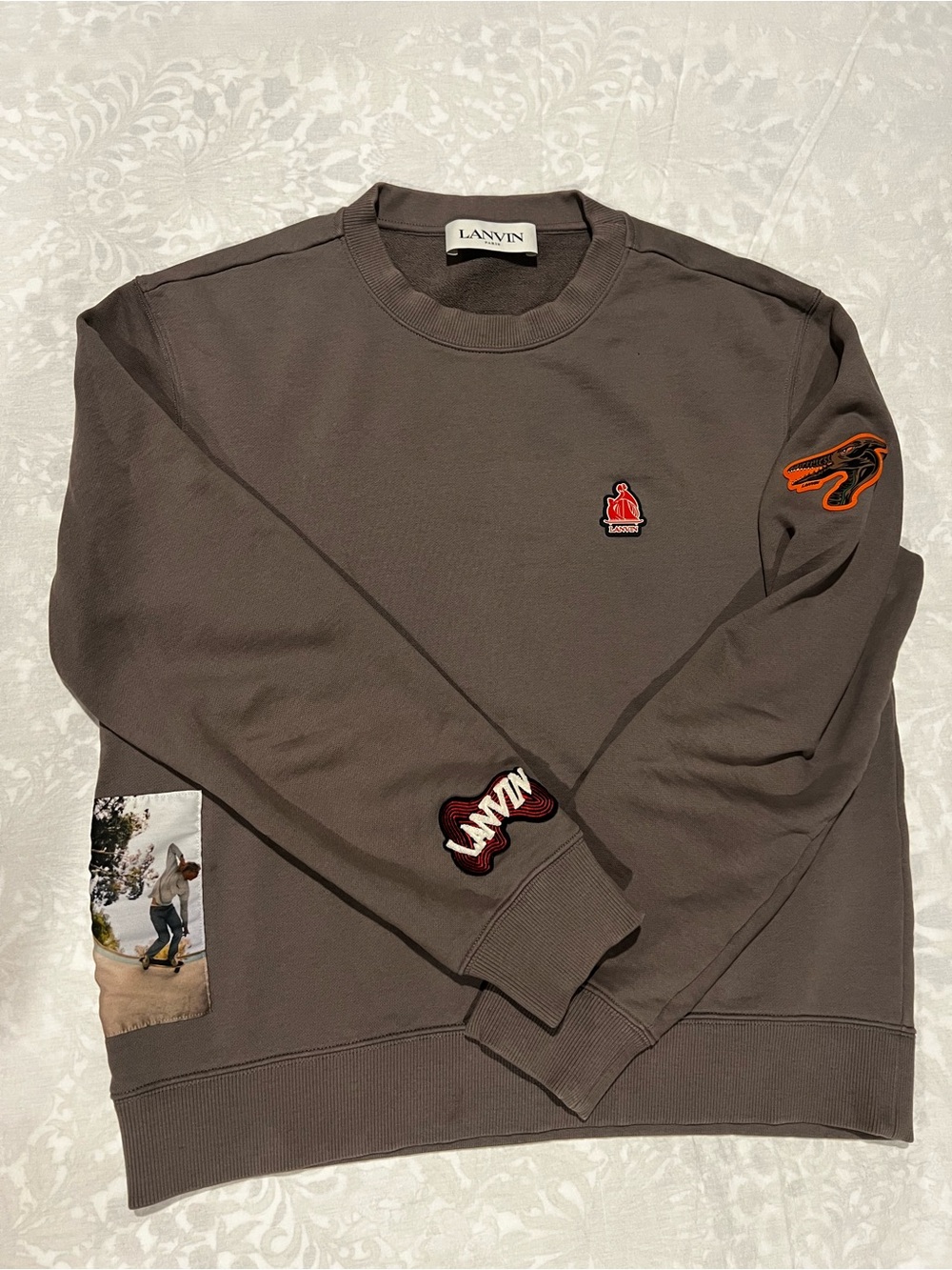 Lanvin Men's dinosaur Gray-Brown Crewneck Sweater with Patch Details